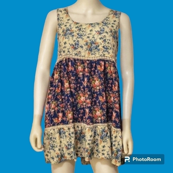 EASEL Floral Rose Colorblock Sleeveless Peasant Swing Fairycore Micro Dress - Picture 1 of 7